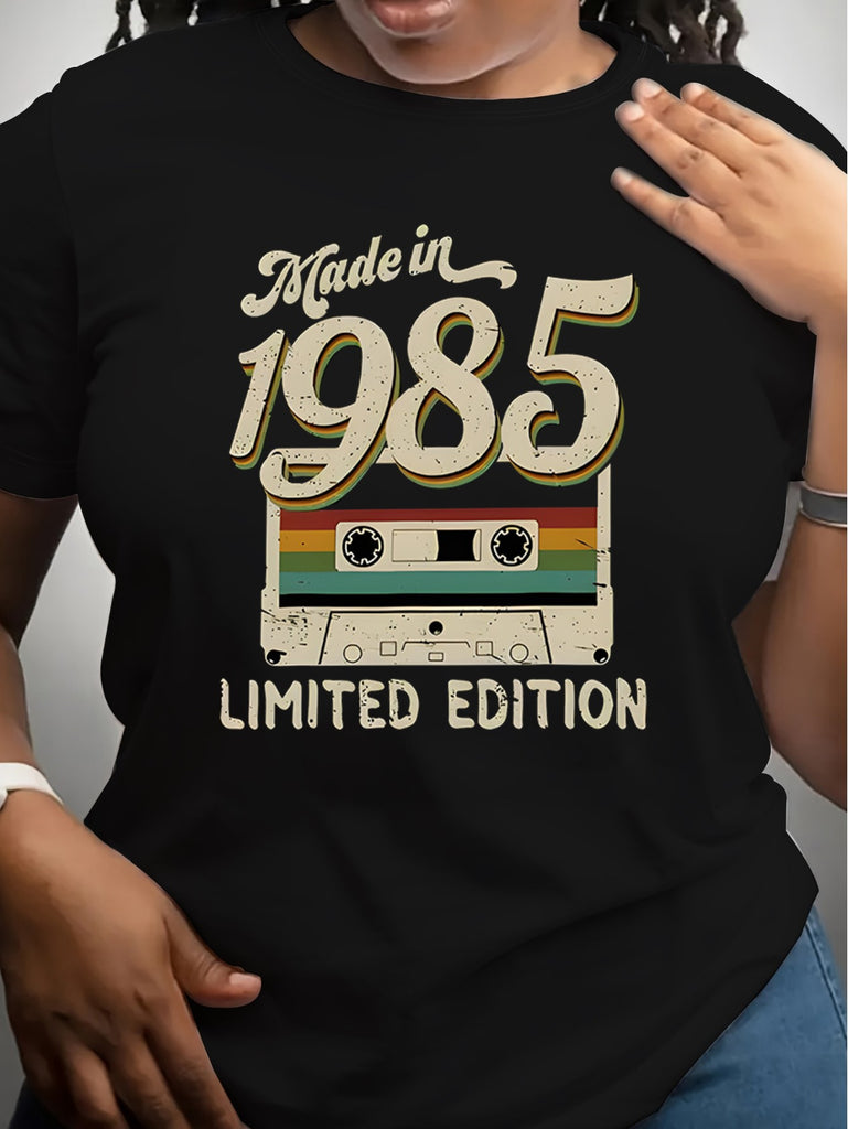 Womens Graphic T Shirts Made In 1985 Limited Edition Vintage Cassette Tape, Blue Shirt Women, Womens White Tee