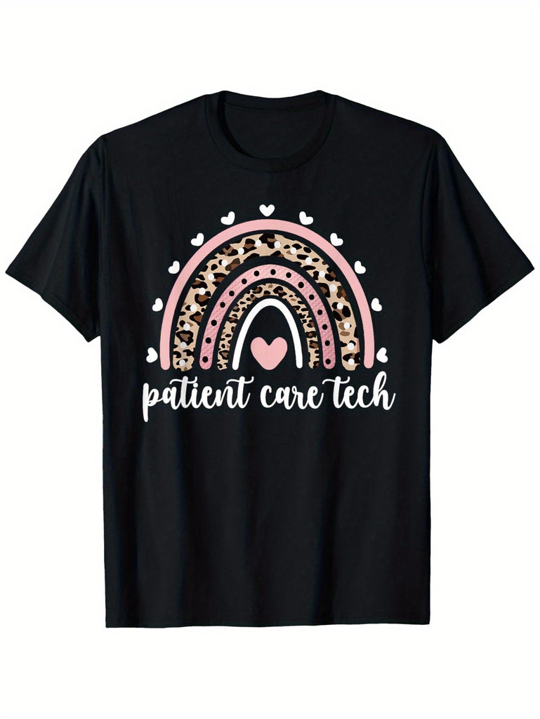 Womens White Tee Patient Care Tech Cheerful Colorful Curved Rainbow With Heart And Small Butterflies, Women's Short Sleeve T Shirts, Womens Night Shirts