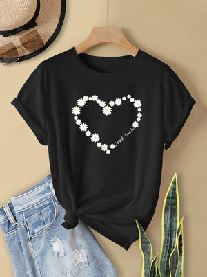 Womens Graphic T Shirts White Daisy Floral Pattern Heart Shape On Black Tshirt, Vintage T Shirts Women, Graphic Tees Women