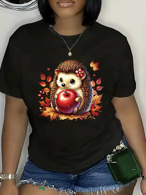 Vintage Shirts Women Adorable Hedgehog With Autumn Leaves Holding A Bright Red Apple, 100 Cotton T Shirts For Women, Women T Shirt