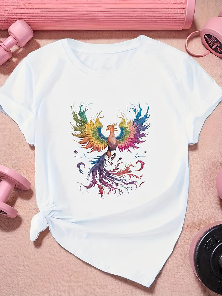 White Cotton Shirt Women Colorful Vibrant Flames Spreading Among Elegant Twisting Phoenix, Graphic Tshirts Women, Womens Graphic T Shirts