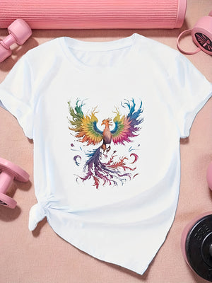 White Cotton Shirt Women Colorful Vibrant Flames Spreading Among Elegant Twisting Phoenix, Graphic Tshirts Women, Womens Graphic T Shirts