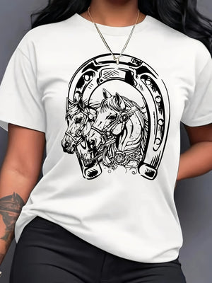 Cotton Shirts For Women Decorative Horseshoes With Detailed Realistic Horses And Floral Elements, Cotton T Shirts For Women, Red T Shirt Women