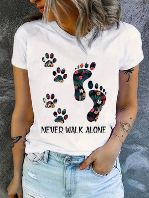 Red T Shirt Women Never Walk Alone Floral Pattern Paw Prints, Cute Graphic Tees For Women, Graphic Tees Women