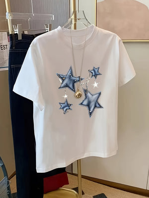 Womens Grinch Shirt Blue Starry Pattern With Sparkling Lights Around White Tshirt, Funny Shirts For Women, Women's Short Sleeve T Shirts