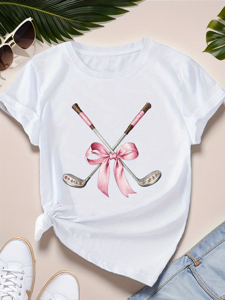Women Tshirts Two Crossed Golf Clubs With Pink Ribbon Bow On White Tshirt, Womens White Tee, Womens Graphic Tees Vintage