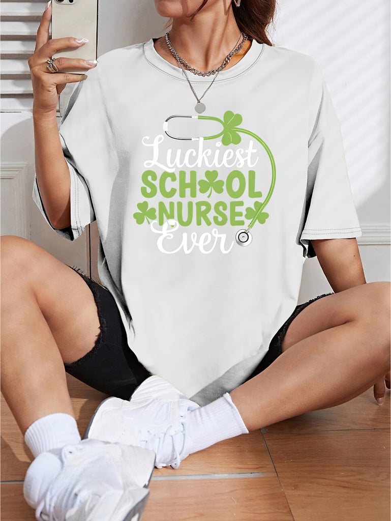 Vintage T Shirts Women Luckiest School Nurse Ever Simple Clean Graphic Text With Stethoscope And Clover, Womens Graphic Tshirts, Country Shirts Womens