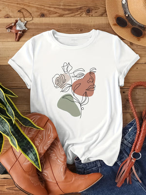 Vintage T Shirts Women Abstract Line Drawing With Delicate Roses And Soft Green Leaf T Shirt, Cotton T Shirts For Women, Shirt For Women