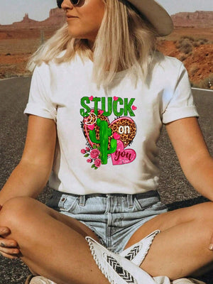 Basic Tees Women Stuck On You Desert Cactus Flowers With Text White T Shirt, Funny Shirts For Women, Black T Shirt Women