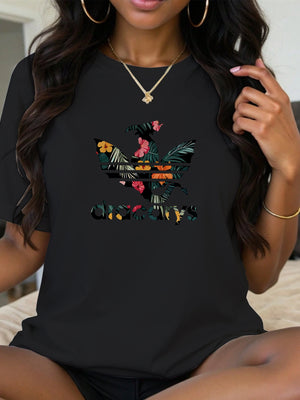 Women's Short Sleeve T Shirts Colorful Tropical Leaves And Flowers Pattern With Bold Graphic Tshirt, Red T Shirt Women, Vintage T Shirts Women