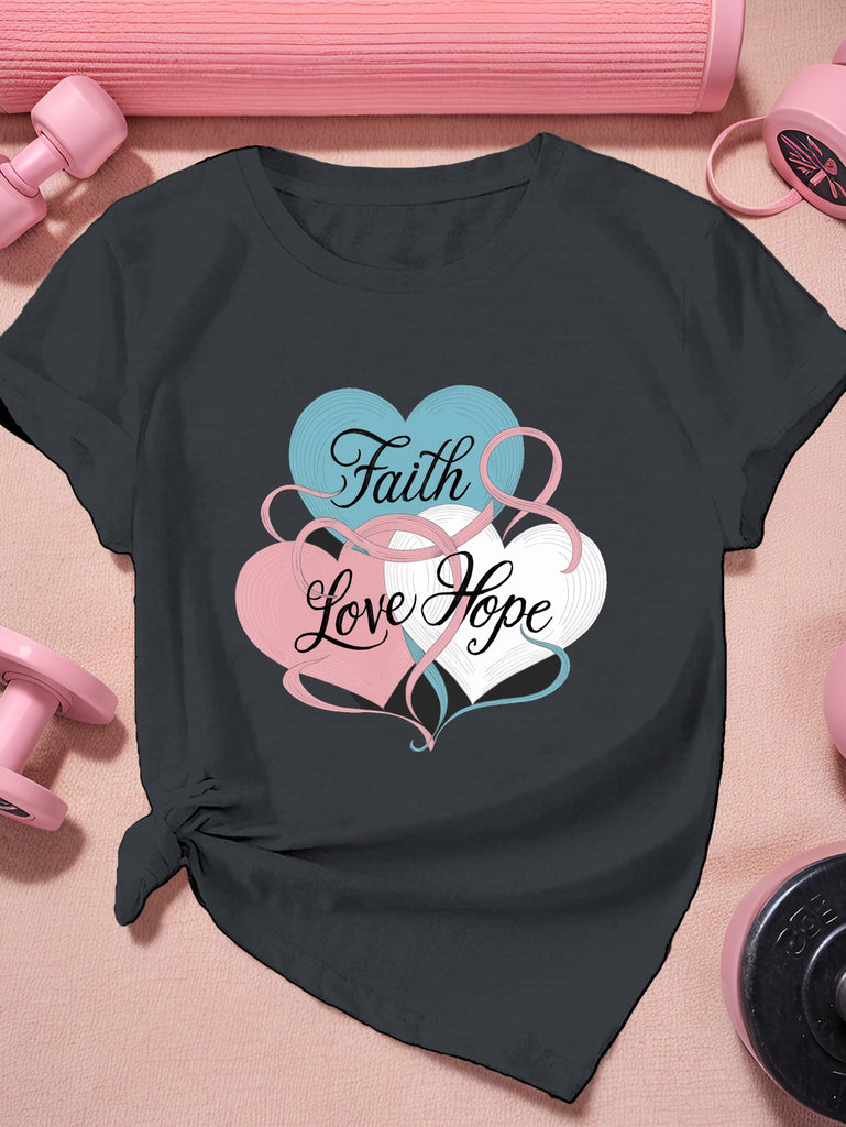 Cotton Shirts For Women Faith Love Hope Elegant Letters Within Soft Heart Shapes Tshirt, Women T Shirt, Womens Graphic Tshirts