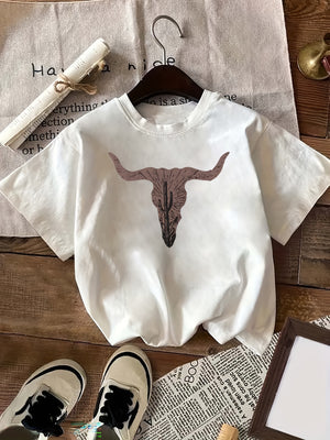 Women's Short Sleeve T Shirts Brown Abstract Skull With Long Horns Printed On White Tshirt, Womens Graphic T Shirts, Womens T Shirts