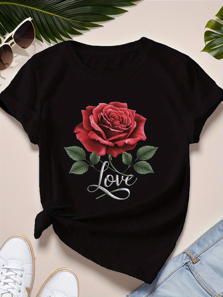 Black T Shirt Women Love Elegant Red Rose With Green Leaves Black Tshirt, Funny Shirts For Women, White Cotton Shirt Women