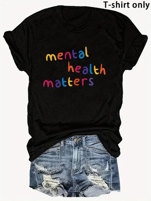 Red T Shirt Women Colorful Positive Message With Friendly Playful Letters Mental Health Matters, Cute Graphic Tees For Women, Cotton T Shirts For Women