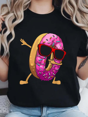 Womens White Tee Cartoon Donut With Pink Frosting Wearing Cool Sunglasses On Black Tshirt, Cotton T Shirts For Women, Graphic Shirts For Women