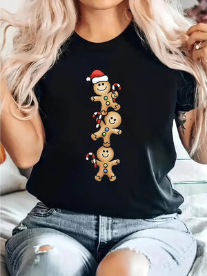 White Cotton Shirt Women Stacked Gingerbread Cookies Wearing Santa Hat With Candy Canes Black Tshirt, Womens T Shirts, 100 Cotton T Shirts For Women
