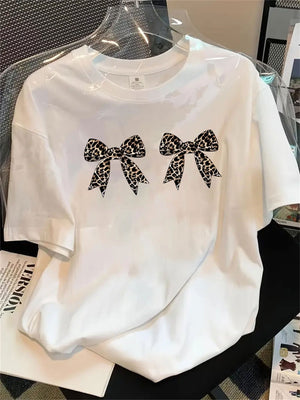 Pink Shirt Womens Leopard Pattern With Twin Stylish Bows T Shirt, Graphic Tshirts Women, Vintage Shirts Women
