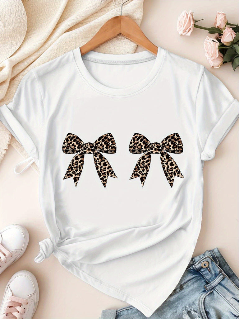 Blue Shirt Women Leopard Print Pattern Featuring Two Stylish Decorative Bows Shirt, Cotton Shirts For Women, Graphic Tshirts Women