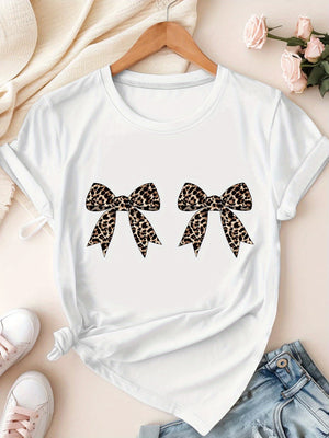 Blue Shirt Women Leopard Print Pattern Featuring Two Stylish Decorative Bows Shirt, Cotton Shirts For Women, Graphic Tshirts Women