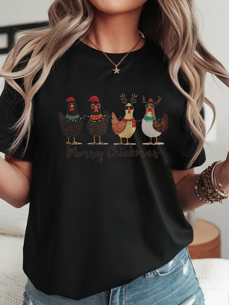 Women T Shirt Happy Festive Christmas With Four Cartoon Chickens Black T Shirt, Grey T Shirt Womens, Basic Tees Women