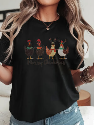 Women T Shirt Happy Festive Christmas With Four Cartoon Chickens Black T Shirt, Grey T Shirt Womens, Basic Tees Women