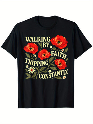 Blue Shirt Women Walking By Faith Tripping Constantly Red Poppies With Green Leaves And Small Flowers T Shirt, Funny Shirts For Women, Cute Graphic Tees For Women