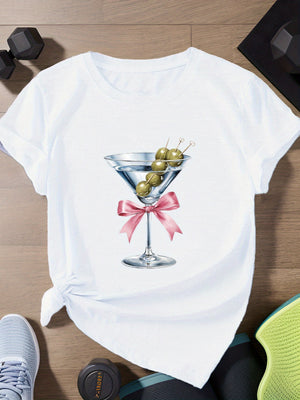Women Tshirts Elegant Glass With Green Olives And Pink Ribbon T Shirt, Women's Short Sleeve T Shirts, Red T Shirt Women