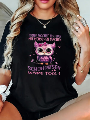White Cotton Shirt Women Cute Cartoon Owl With Big Eyes Wearing Glasses On Black Shirt, Green Shirt Womens, Cute Graphic Tees For Women