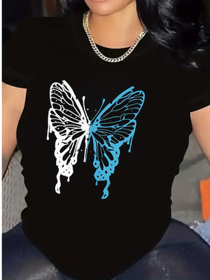 Vintage T Shirts Women Painted Dripping Butterfly On Black Shirt, Womens Night Shirts, Cute T Shirts For Women