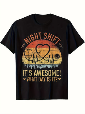 100 Cotton T Shirts For Women Night Shift Heartbeat Rhythm With Scenic Sunset And Awesome Text T Shirt, Graphic Shirts For Women, Red T Shirt Women