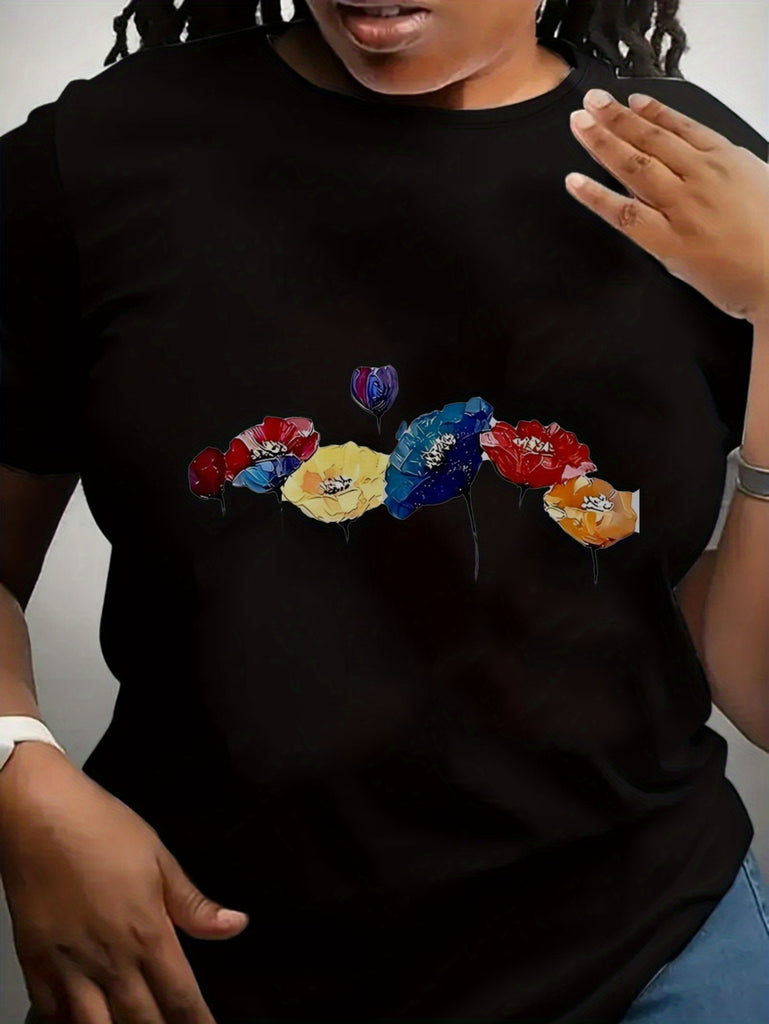 Women's Short Sleeve T Shirts Colorful Detailed Embroidered Flowers Across Black Shirt, Womens Night Shirts, Grey T Shirt Womens