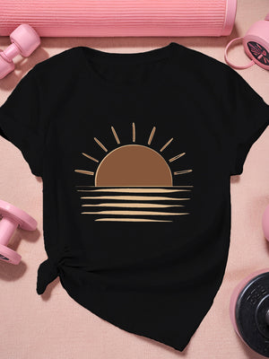 Country Shirts Womens Black Tshirt Featuring Stylized Sun Glowing Over Calm Water, Graphic Tshirts Women, Blue Shirt Women