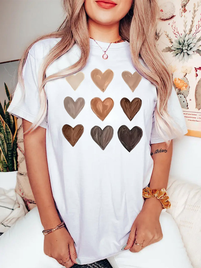 Women T Shirt Nine Colorful Hearts Arranged In Rows On White Cotton Shirt, Cotton T Shirts For Women, Country Shirts Womens