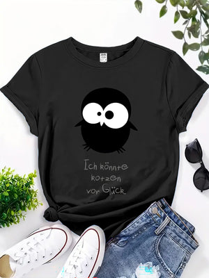 Cotton T Shirts For Women Playful Cartoon Owl With Big Eyes On Black Tshirt, Green Shirt Womens, Womens Graphic Tees Vintage