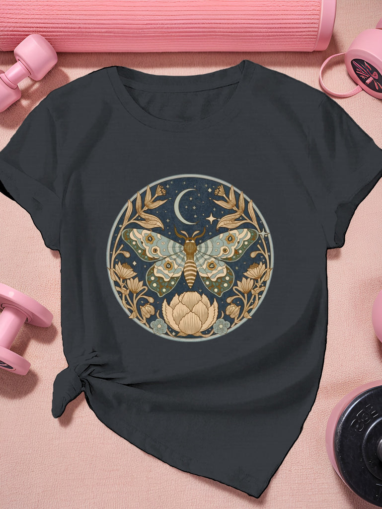 Womens Graphic Tshirts Elegant Nighttime Scene With Mystical Moth Among Golden Leaves And Blooming Lotus, Womens T Shirts, Cotton Shirts For Women