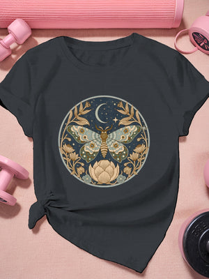Womens Graphic Tshirts Elegant Nighttime Scene With Mystical Moth Among Golden Leaves And Blooming Lotus, Womens T Shirts, Cotton Shirts For Women