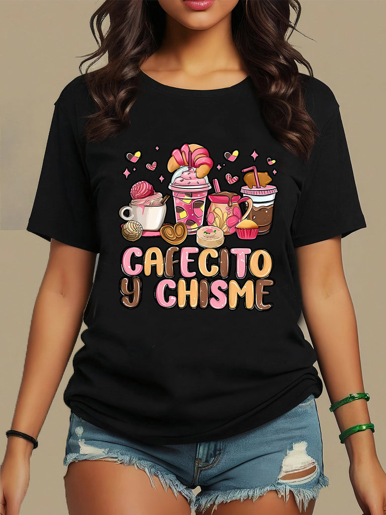 Womens Tees Colorful Pink Brown Yellow Coffee Drinks With Hearts And Pastry Cafecito, Cotton Shirts For Women, Womens Grinch Shirt
