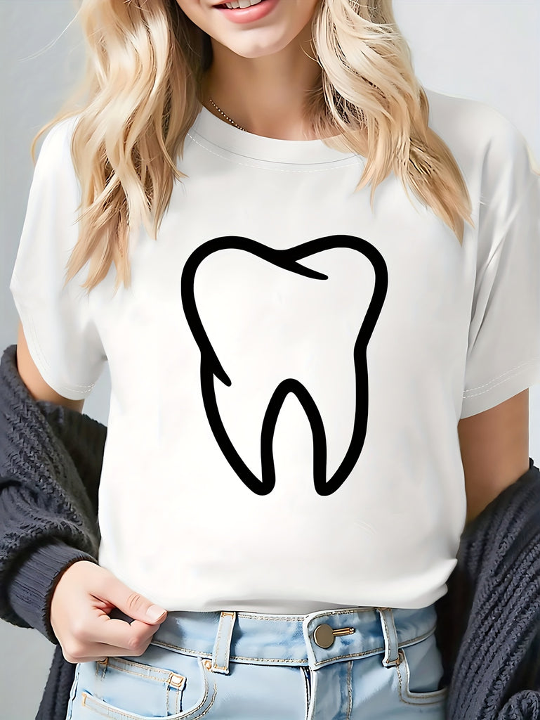 Womens Graphic T Shirts Minimalist Clean White T Shirt With Bold Black Tooth Print, Cotton Shirts For Women, Graphic Tees Women