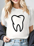 Womens Graphic T Shirts Minimalist Clean White T Shirt With Bold Black Tooth Print, Cotton Shirts For Women, Graphic Tees Women
