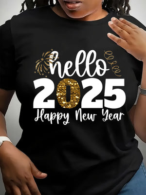 Vintage T Shirts Women Hello 2025 Happy New Year Festive Glittering Golden Fireworks Celebration Tshirt, Basic Tees Women, Pink Shirt Womens