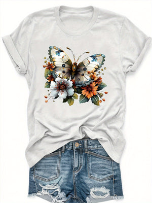 White Cotton Shirt Women Colorful Butterfly Among Orange Yellow White Blossoms Flower, Funny Shirts For Women, Cotton Shirts For Women