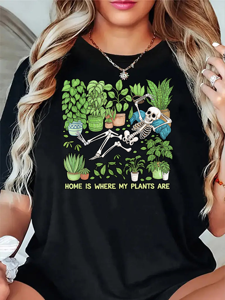 Vintage T Shirts Women Home Is Where My Plants Are Relaxing Skeleton Among Green Potted Plants On Black Shirt, Graphic Tshirts Women, White Cotton Shirt Women