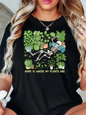 Vintage T Shirts Women Home Is Where My Plants Are Relaxing Skeleton Among Green Potted Plants On Black Shirt, Graphic Tshirts Women, White Cotton Shirt Women