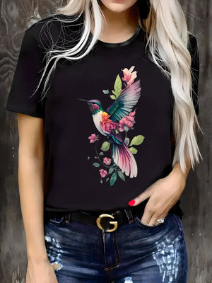 Cotton T Shirts For Women Colorful Flying Hummingbird With Pink Flowers And Green Leaves, 100 Cotton T Shirts For Women, Womens T Shirts
