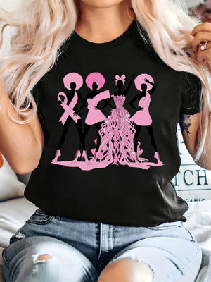 Cotton T Shirts For Women Black T Shirt With Pink Feminine Silhouettes And Ribbons Clothes, Women's Short Sleeve T Shirts, Womens Graphic Tees Vintage