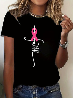 100 Cotton T Shirts For Women Faith Script Design With Pink Awareness Ribbon Black T Shirt, Womens Graphic Tees Vintage, Pink Shirt Womens