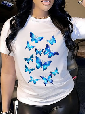 Red T Shirt Women Blue Butterflies In Flight Over White Cotton T Shirt, Womens Graphic T Shirts, Women Tshirts