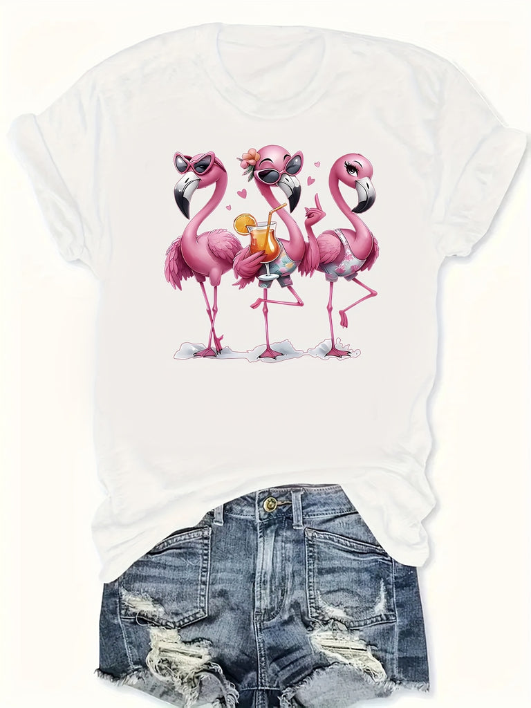 Womens Graphic T Shirts Playful Flamingos Standing Together With Soft Pink Feathers Bright Tropical Bird, Red T Shirt Women, White Cotton Shirt Women