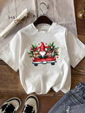 Womens Graphic T Shirts Festive Red Truck With Christmas Gnome And Evergreen Pines Shirt, Vintage Shirts Women, Basic Tees Women