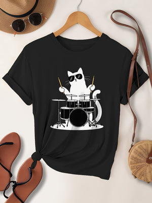 Cotton T Shirts For Women Cool Cat Playing Drums With Sunglasses On A Black Tshirt, Women T Shirt, Womens Graphic T Shirts